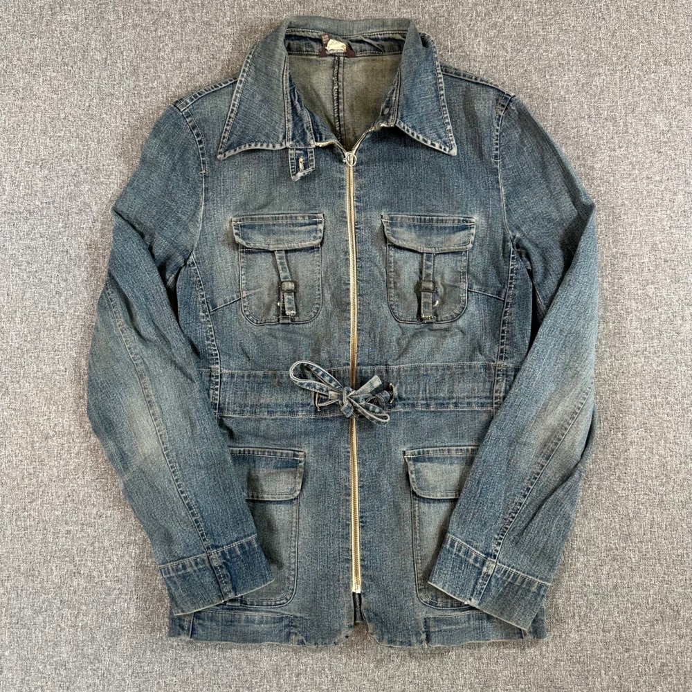 Zara Basic Jacket Womens M Utility Safari Blue Tie Waist Full Zip Spain Denim